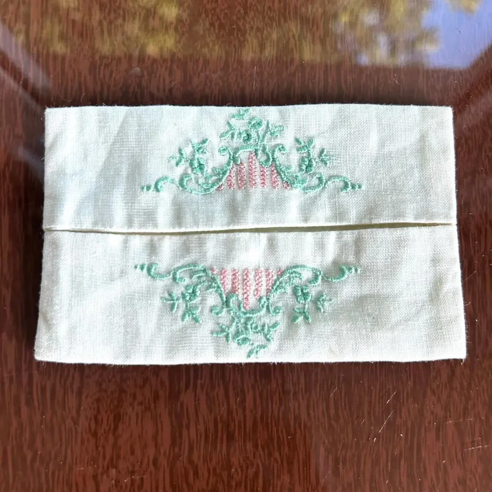 Vintage Embroidered Linen Tissue Holder Monogram PL Floral Case